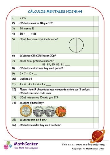 Cálculos Mentales Hoja 3:A4