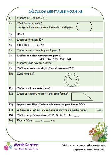 Cálculos Mentales Hoja 3:A8
