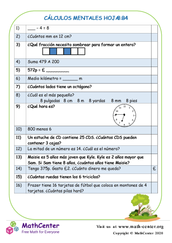 Cálculos Mentales Hoja 3:B4
