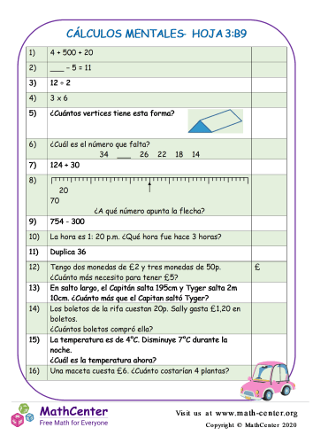 Cálculos Mentales Hoja 3:B9