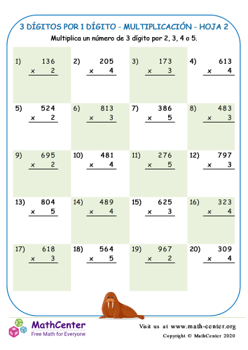 Multiplicación de 3 cifras worksheet