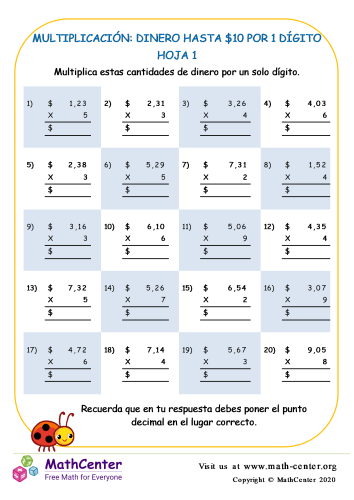 Multiplicación: Dinero Hasta $10 Por 1 Dígito Hoja 1