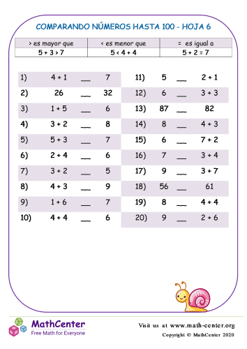 Comparando Números Hasta 100 Hoja 6