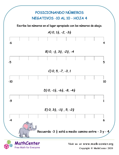 Posicionando Números Negativos -10 Al 10 Hoja 4