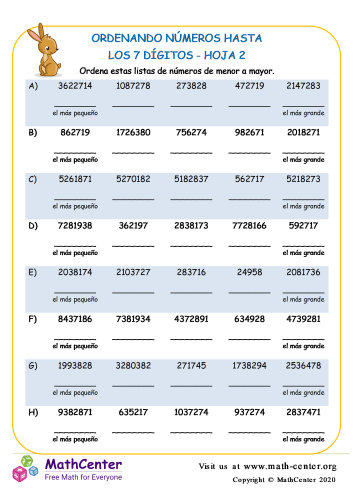 Ordenando Números Hasta Los 7 Dígitos Hoja 2