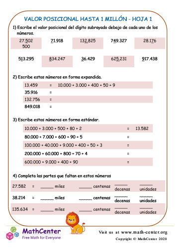 Valor Posicional Hasta 1 Millón Hoja 1