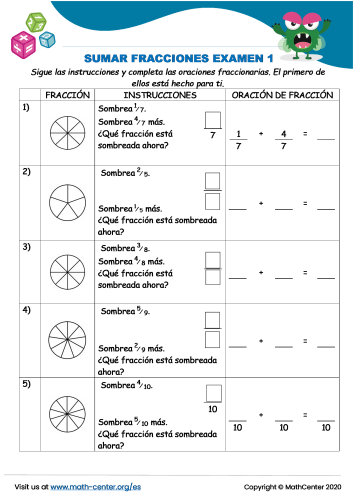 Sumar Fracciones Examen 1 Pruebas Math Center 9575