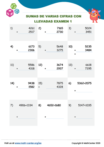 Sumas De Varias Cifras Con Llevadas Examen 1
