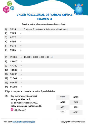 Valor Posicional De Varias Cifras Examen 3