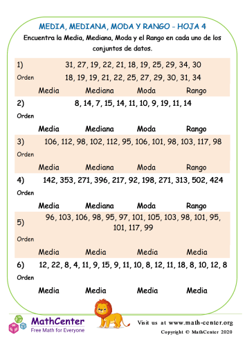 hojas de trabajo media mediana moda
