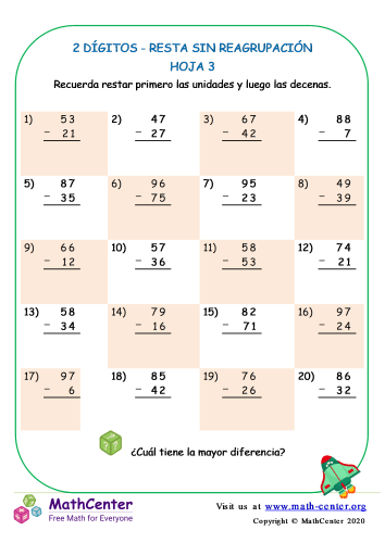 2 Dígito - Resta Sin Reagrupación - Hoja 3 | Hojas de trabajo | Math Center