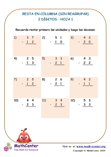 Resta de columnas (sin reagrupar) - Hoja 1 | Hojas de trabajo | Math Center