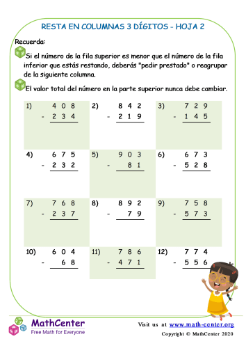 Resta En Columna 3-Dígitos Hoja 2