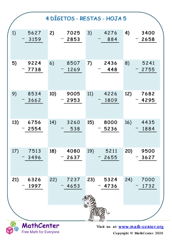 4 Dígito - Resta - Hoja 5