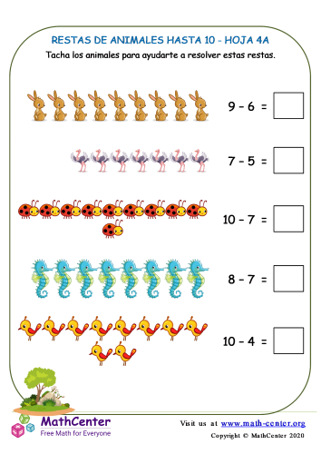 Sustracción De Animales Hasta 10 Hoja 4A