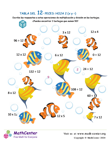 12 Tabla de multiplicar - Peces - Hoja 2 (X y ​​÷)