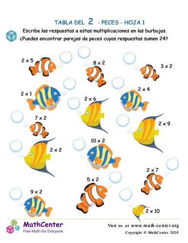 2 Tabla de multiplicar - Peces - Hoja 1