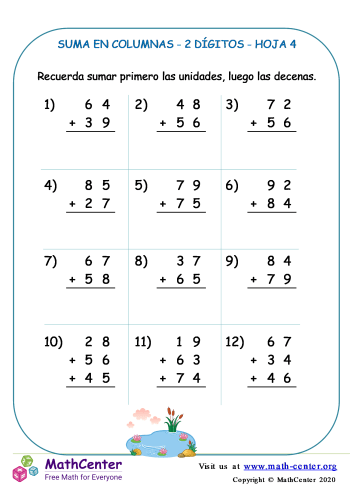 hojas de trabajo de suma por 2