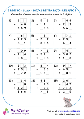 3 Dígito - Suma - Hojas De Trabajo - Desafío 1