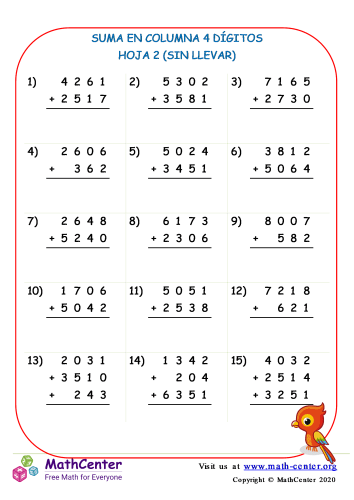 Suma de columnas 4 dígitos (sin pedir prestado) - Hoja 2