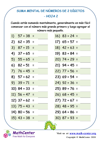 Suma Mental De Números De 2 Dígitos Hoja 2