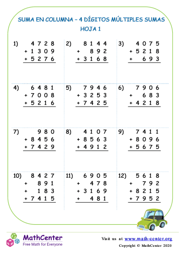 Suma En Columna 4 Dígitos Múltiples Sumas Hoja 1