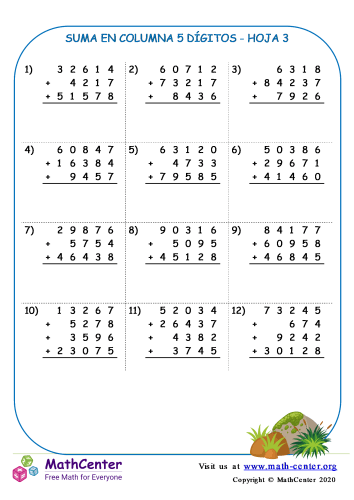 Suma En Columna 5 Dígitos Hoja 3 | Hojas de trabajo | Math Center
