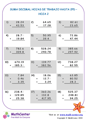 Quinto Grado Hojas de trabajo: Sumar Decimales | Math Center