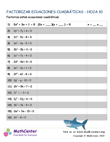 Factorizar Ecuaciones Cuadráticas - Hoja 10