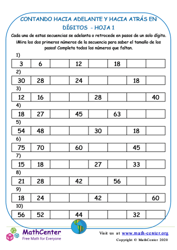 Contando Hacia Adelante Y Hacia Atrás En Dígitos Hoja 1