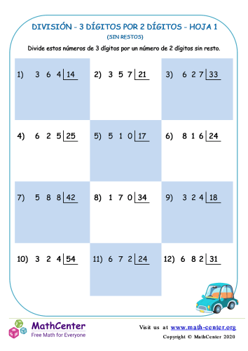 División – 3 Dígitos Por 2 Dígitos Hoja 1 (Sin Restos)