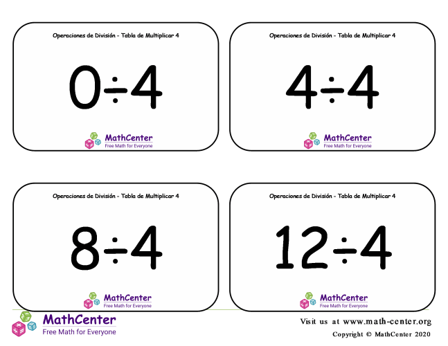 4 Tarjetas didácticas: División - tablas de multiplicar con Respuestas