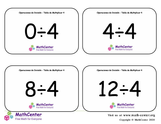 4 Tarjetas didácticas: División - tablas de multiplicar