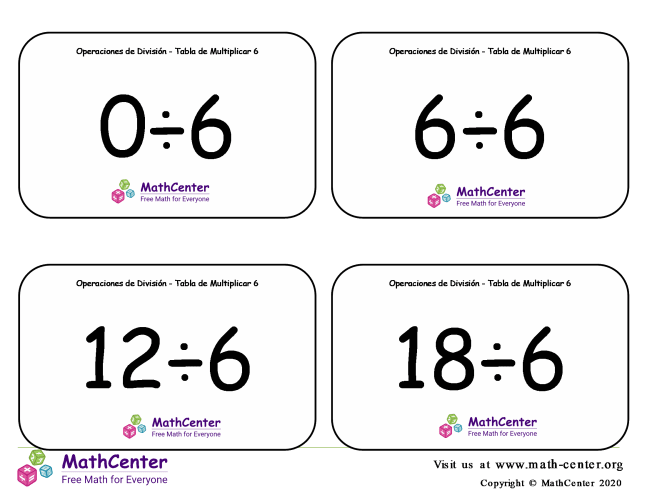 6 Tarjetas didácticas: División - tablas de multiplicar con Respuestas