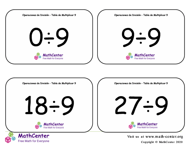 9 Tarjetas didácticas: División - tablas de multiplicar