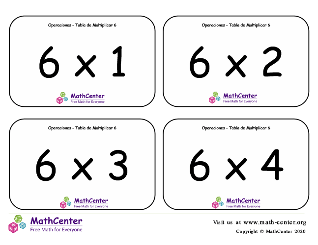 6 Tarjetas didácticas de multiplicaciones