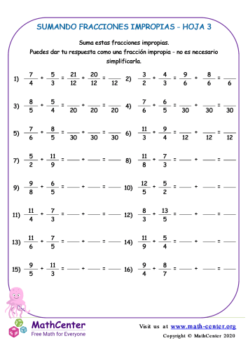 Sumando Fracciones Impropias Hoja 3