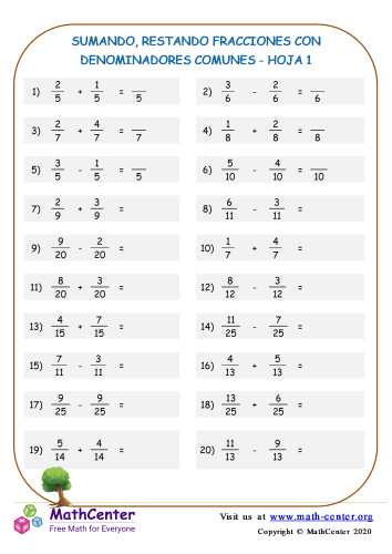 Sumando, Restando Fracciones Con Denominadores Comunes Hoja 1