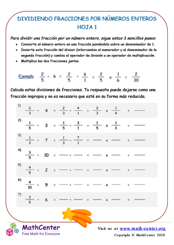Dividiendo Fracciones Por Números Enteros Hoja 1