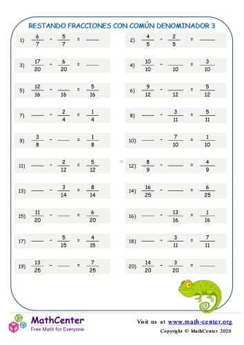 Restar fracciones con comunes denominadores - Hoja 3