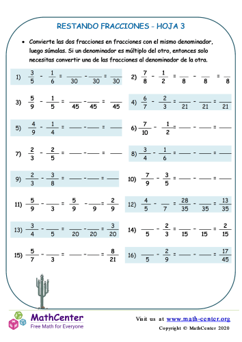 Restar fracciones- Hoja 3 A