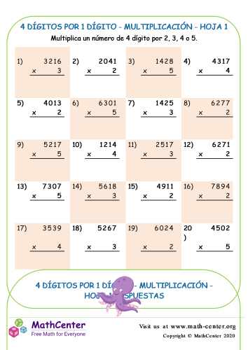 hojas de trabajo de multiplicacion grado 4