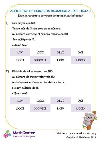 Acertijos De Números Romanos A 100 Hoja 1