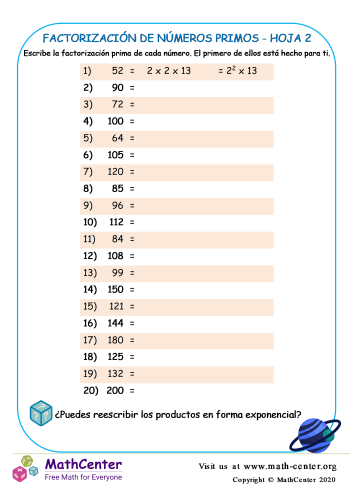 Factorización De Números Primos Hoja 2