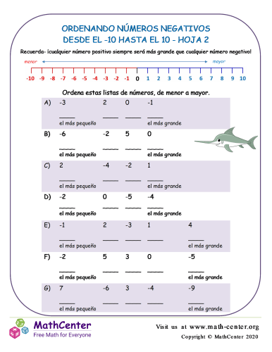 Ordenando Números Negativos Desde El -10 Hasta El 10 Hoja 2