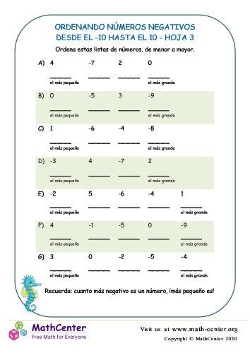 Ordenando Números Negativos Desde El -10 Hasta El 10 Hoja 3