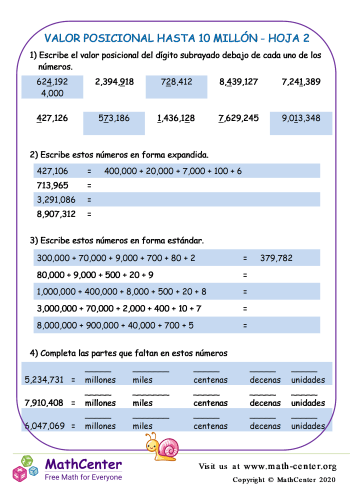 Valor Posicional Hasta 10 Millón Hoja 2