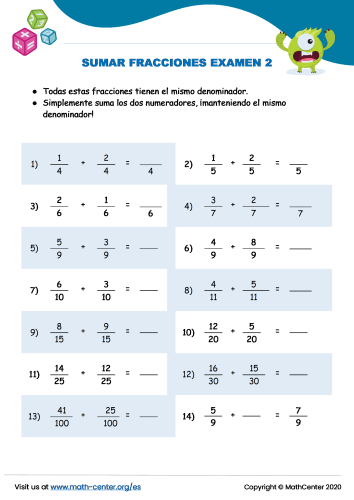 Sumar Fracciones Examen 2 Pruebas Math Center 4712