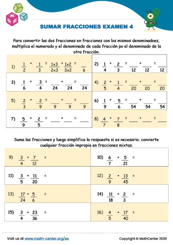 Sumar Fracciones Examen 4