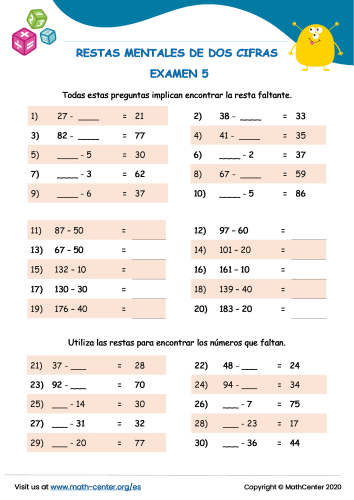 Restas Mentales De Dos Cifras Examen 5